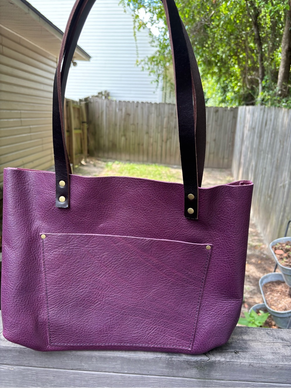 Portland Leather Plum/ Purple medium Leather Tote Bag with Dark Brown Straps
